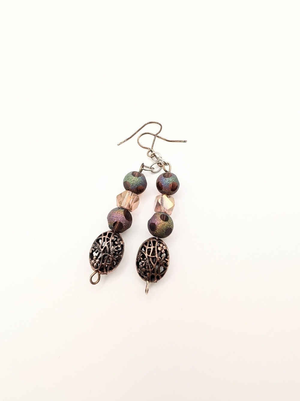 Handmade Rose Gold Drop Earrings Iridescent Beads - Picture 3 of 3